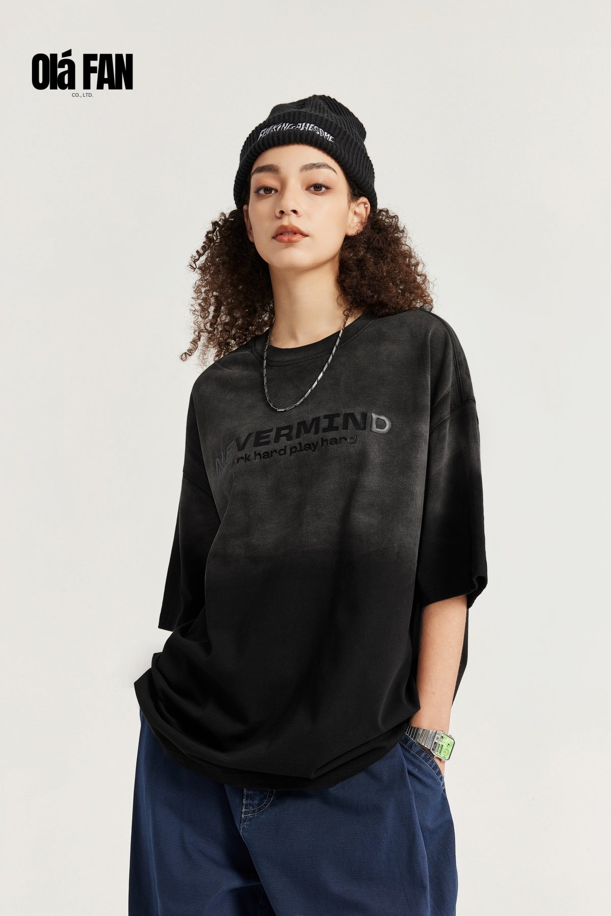 OLA FAN Gradient Washed Vintage Print T-shirt