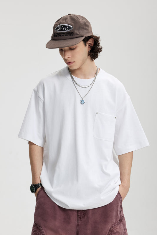 Linen Cotton Oversized Tee with Rivet Pocket-OLA FAN-white-front-view