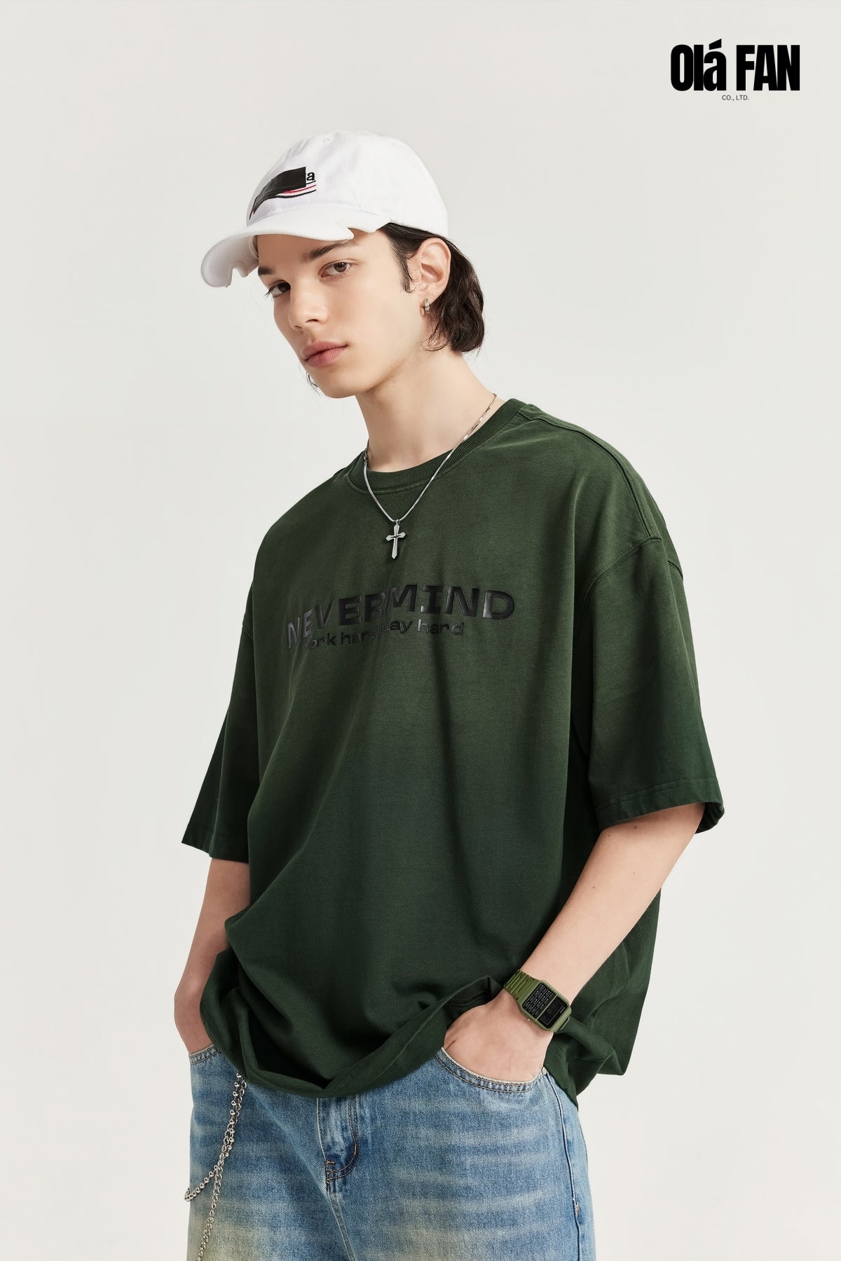 OLA FAN Gradient Washed Vintage Print Green T-shirt