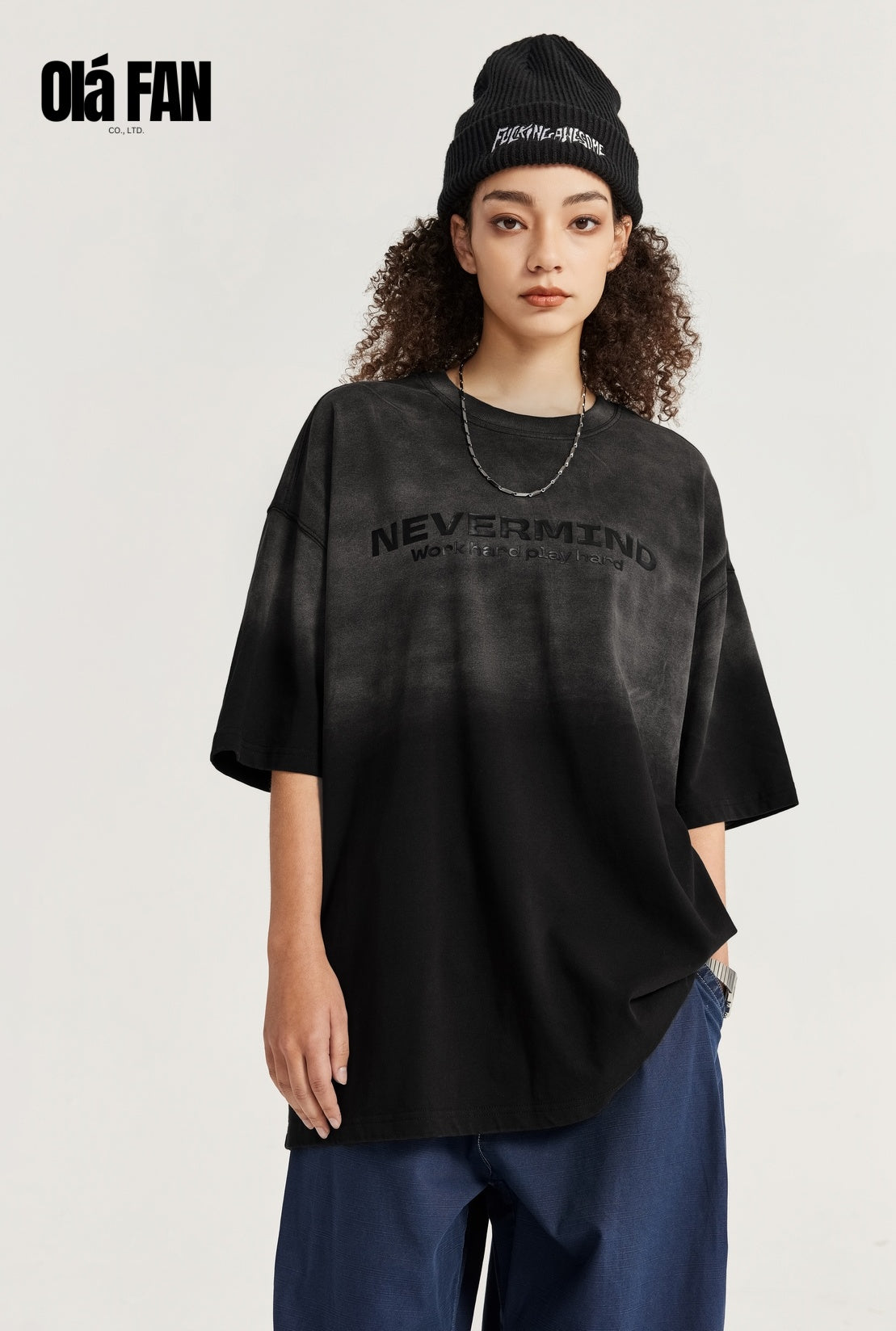 OLA FAN Gradient Washed Vintage Print T-shirt