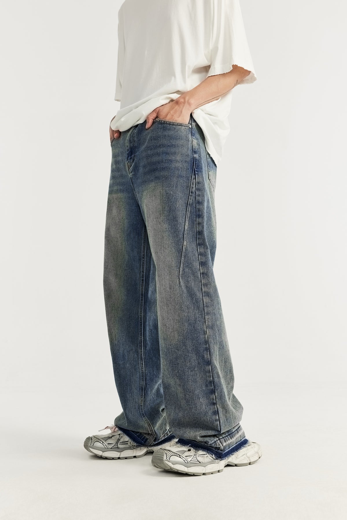 OLA FAN High Street Frayed Hem Washed Wide-Leg Jeans
