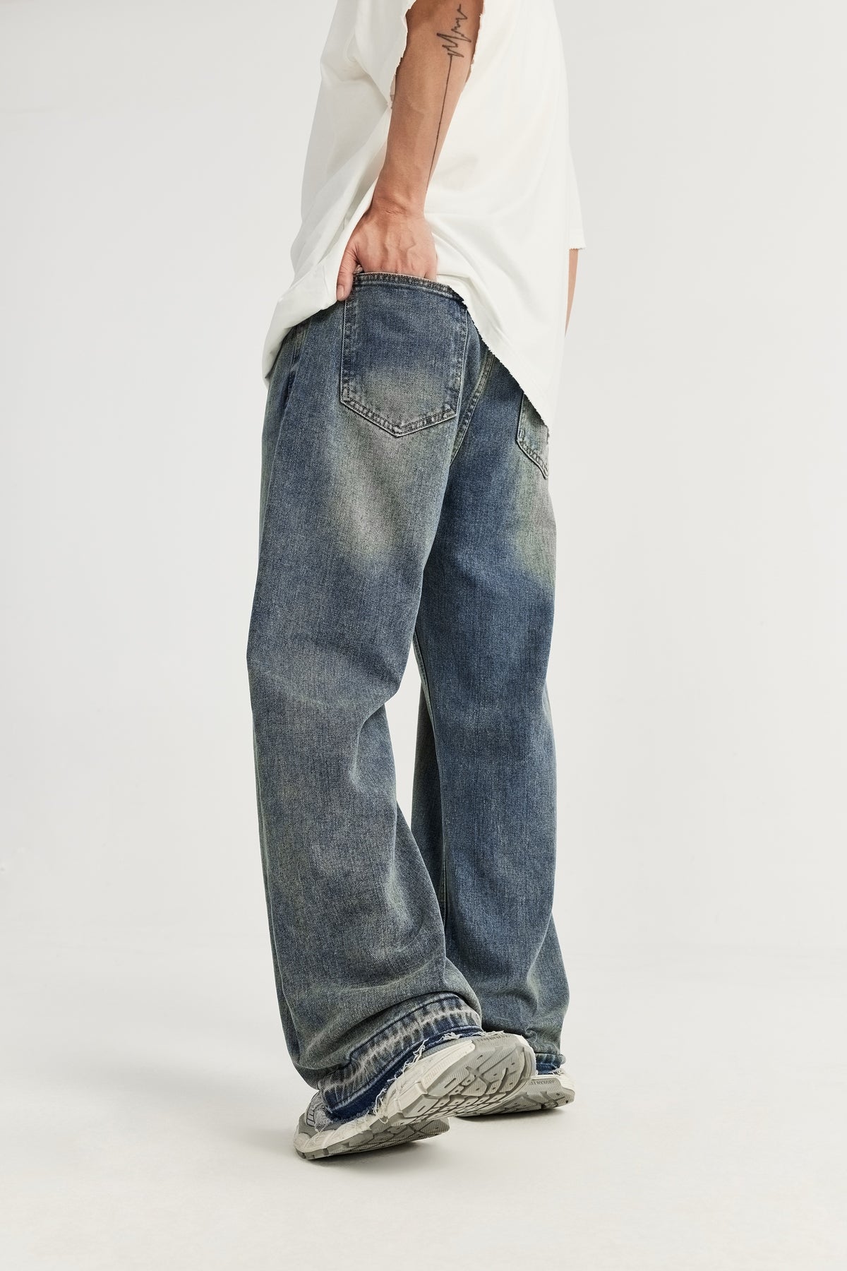 OLA FAN High Street Frayed Hem Washed Wide-Leg Jeans
