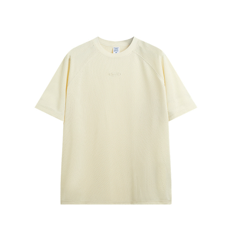 OLA FAN High Street Solid Color Mesh Breathable beige T-shirt