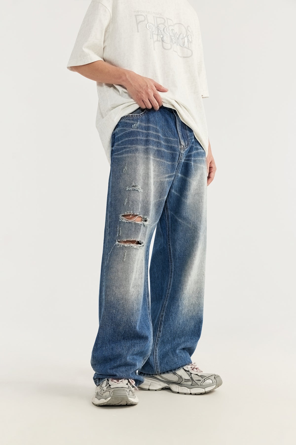 OLA FAN High Street Vintage Washed Distressed Wide-Leg Jeans