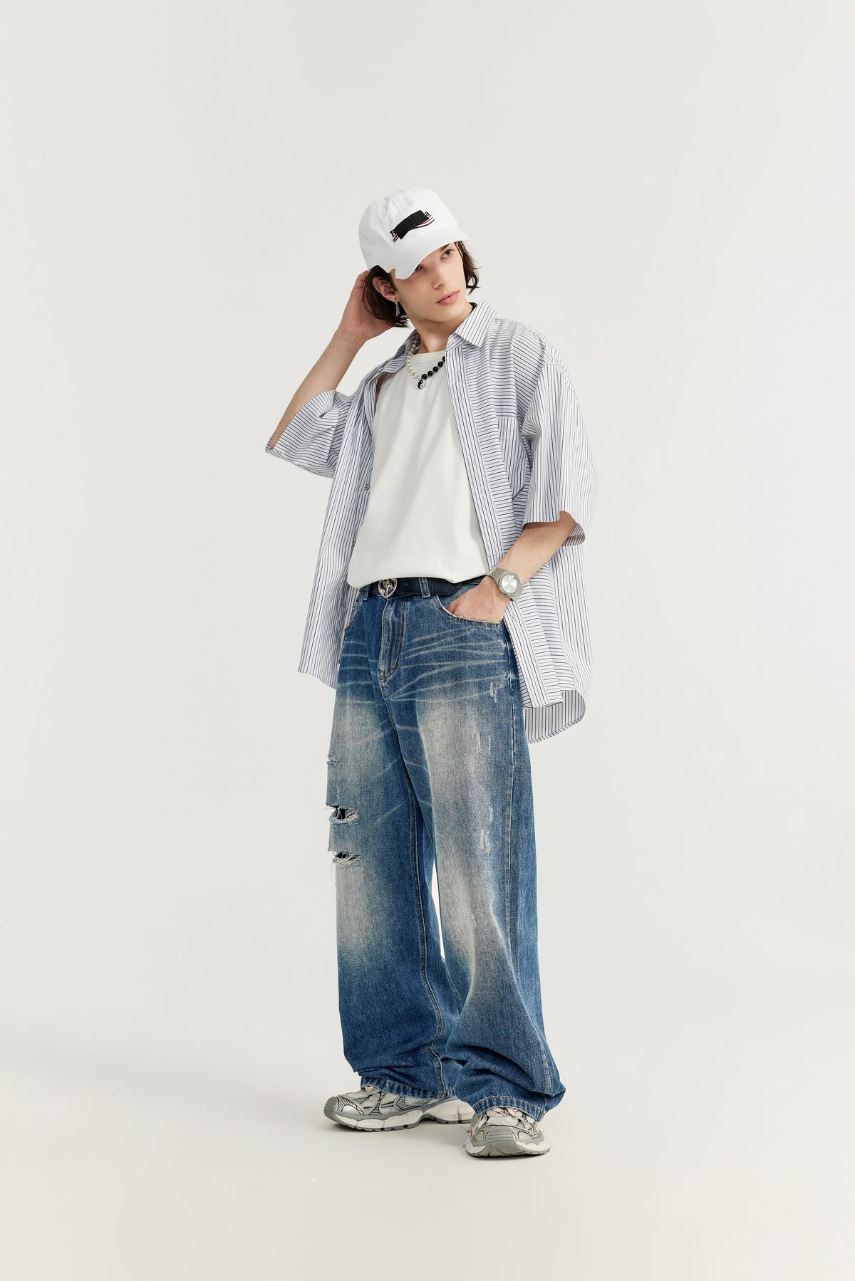 OLA FAN High Street Vintage Washed Distressed Wide-Leg Jeans
