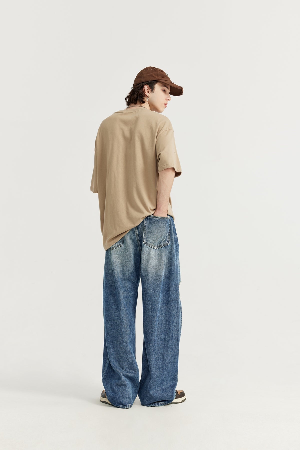 OLA FAN High Street Vintage Washed Distressed Wide-Leg Jeans
