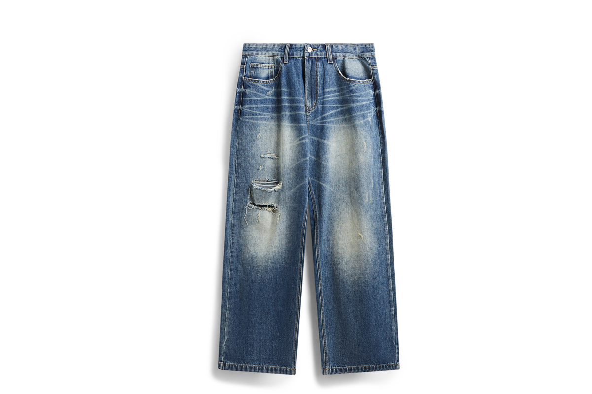 OLA FAN High Street Vintage Washed Distressed Wide-Leg Jeans