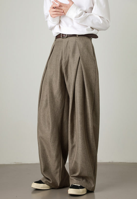OLA FAN Pleated Wide Leg Dress Pants with Fluid Drape Greyish Brown