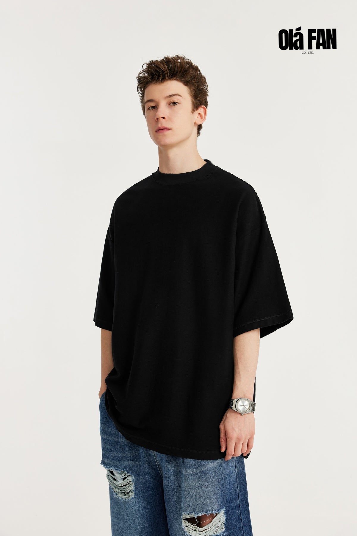 OLA FAN Versatile Twill Collar Cut-finished T Shirt