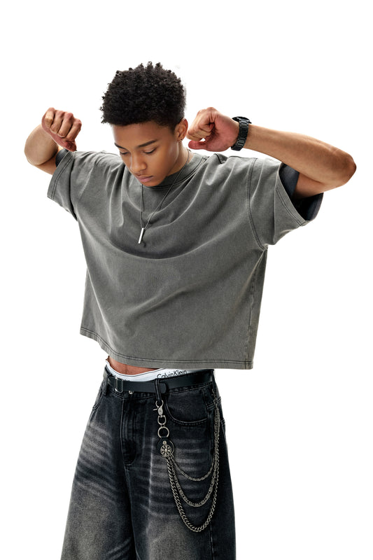 Ola fan Dark Grey Heavy Cotton Oversize Washed T-Shirt full side view on male model