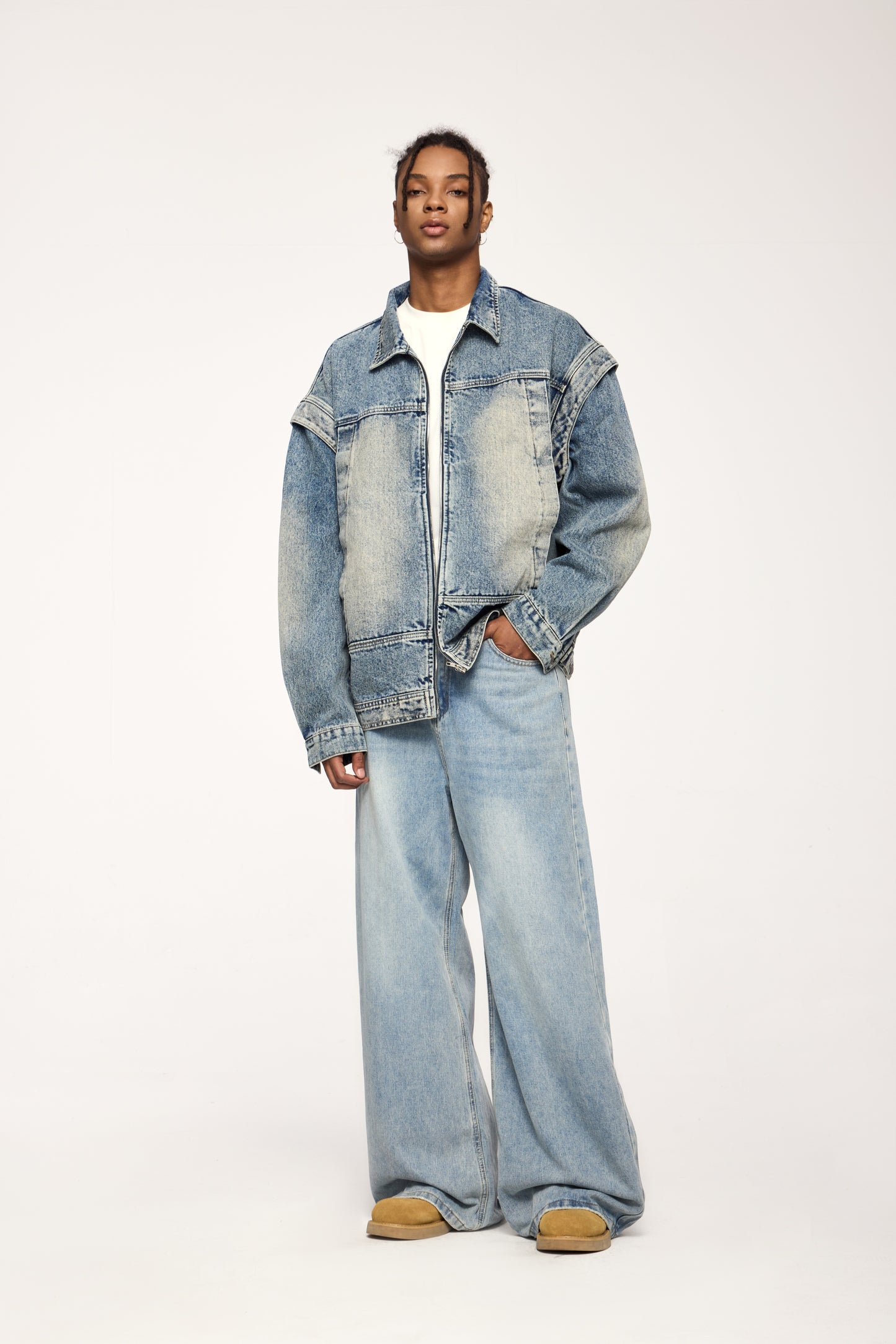 Retro Streetwear Style Washed Wide-Leg Distressed Jeans