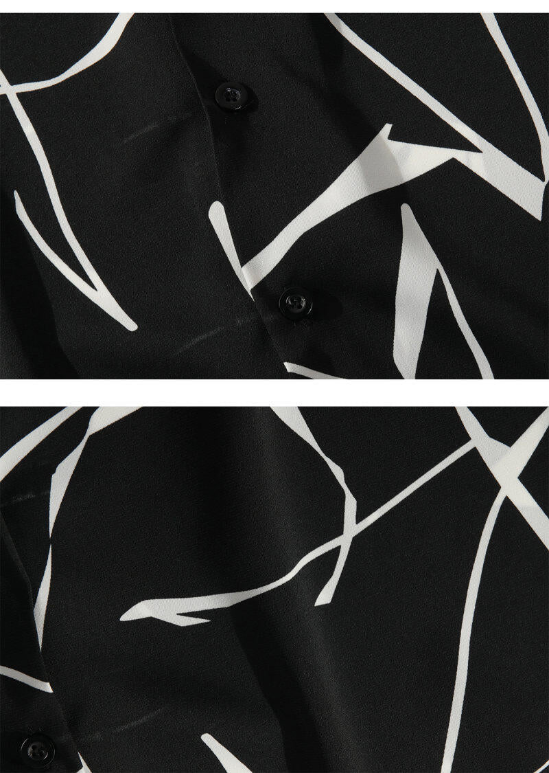 OLA FAN Black Cuban Collar Short Sleeve Shirt material detail close shot–minimalist high street wear