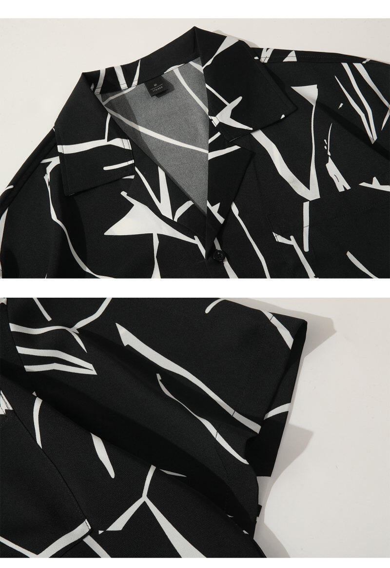 OLA FAN Black Cuban Collar Short Sleeve Shirt material detail close shot–minimalist high street wear