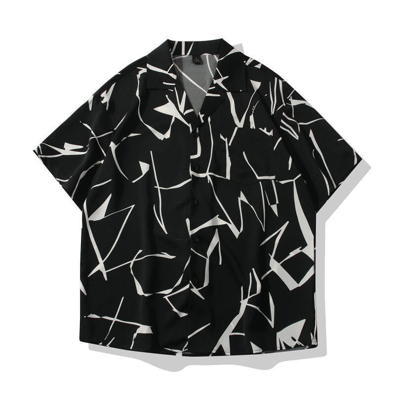 OLA FAN Black Cuban Collar Short Sleeve Shirt sku shot–minimalist high street wear