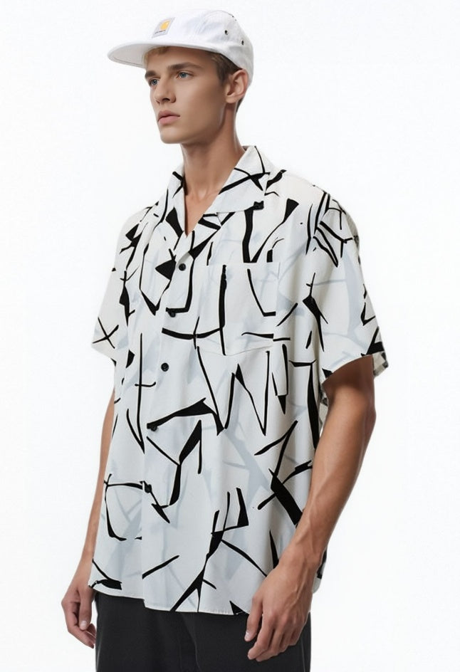 OLA FAN White Cuban Collar Short Sleeve Shirt front side view on male model – minimalist high street wear
