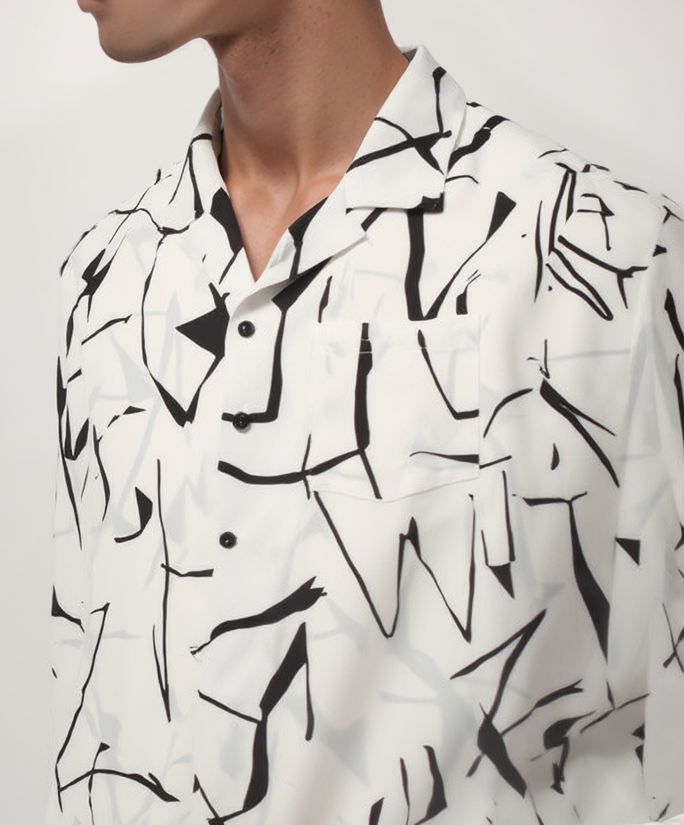 OLA FAN White Cuban Collar Short Sleeve Shirt front side view on male model – minimalist high street wear