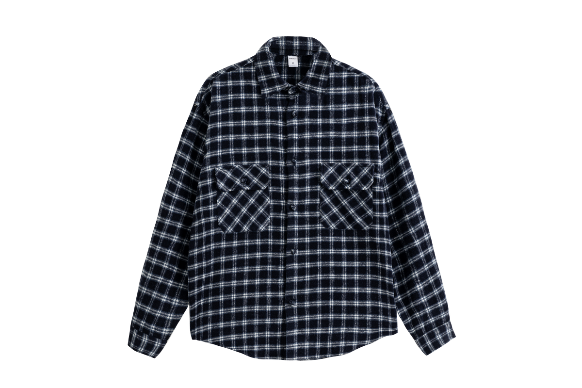 OLA FAN dark blue plaid shirt front full view – minimalist urban style