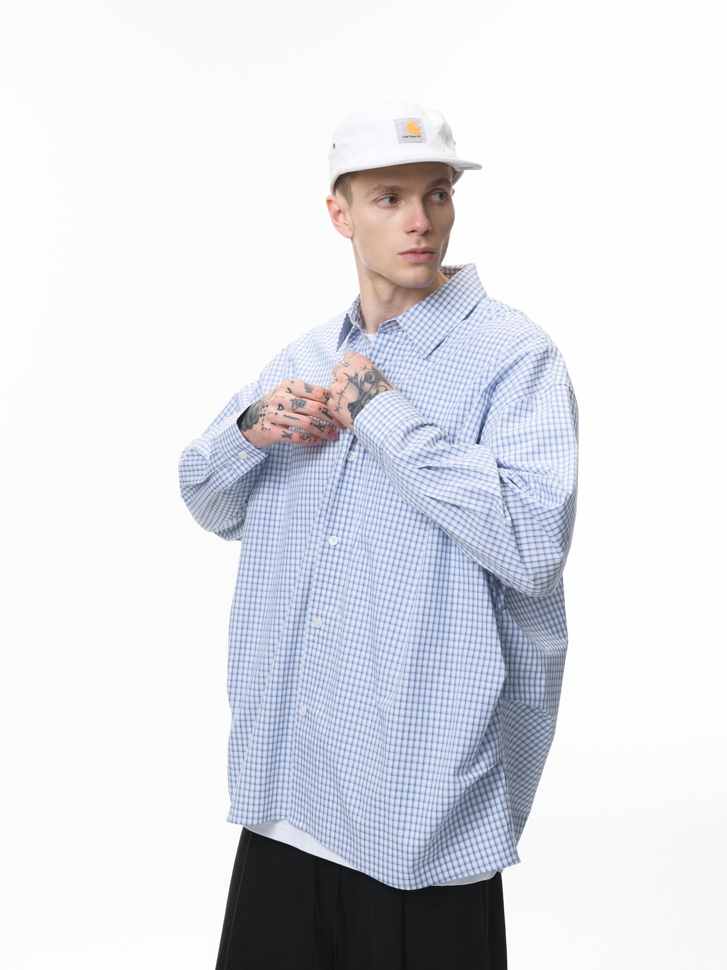 Blue Pleated Gingham Cotton Oversized Shirt Light Blue male half-body