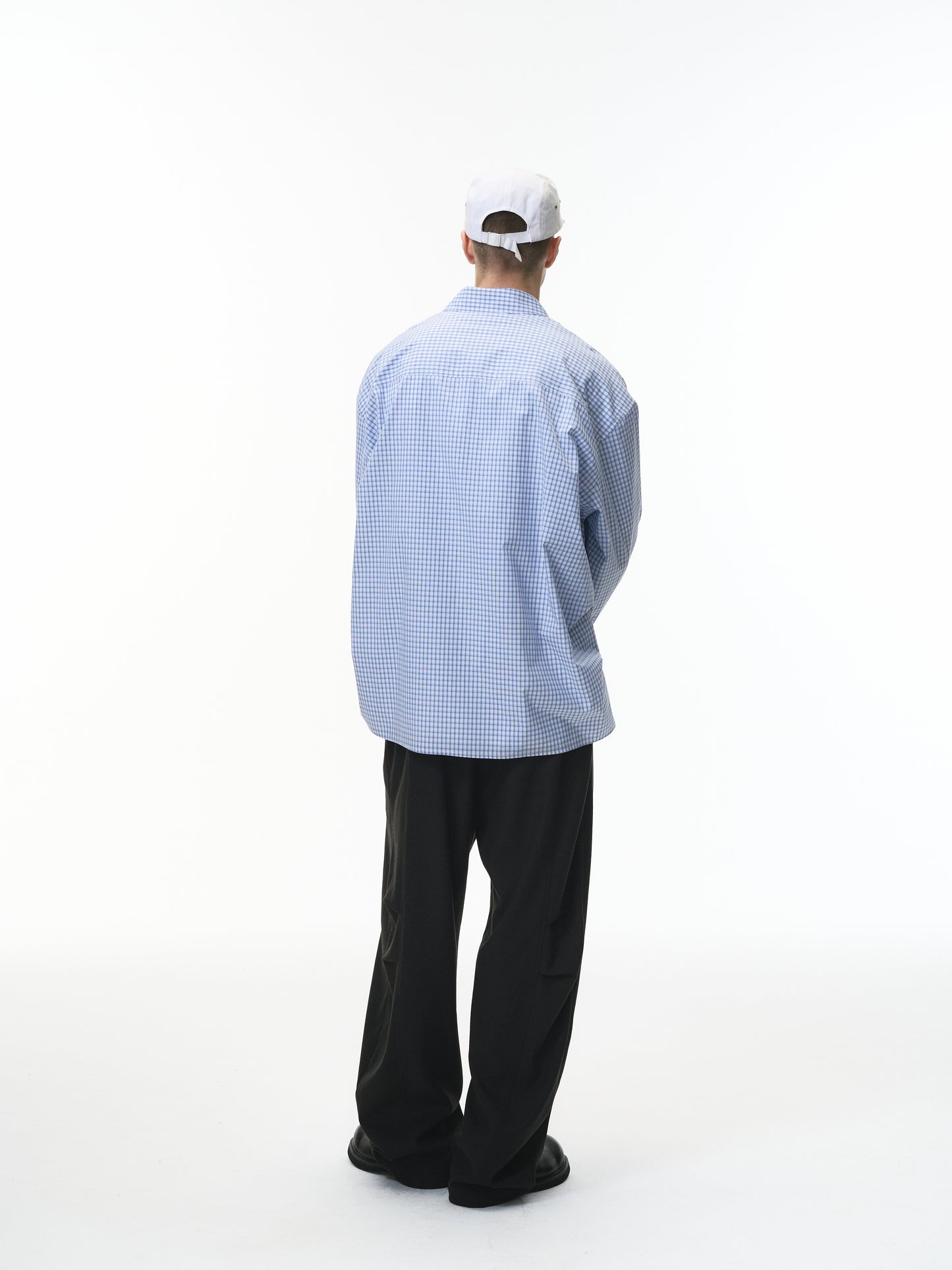 Blue Pleated Gingham Cotton Oversized Shirt Light Blue male full-body