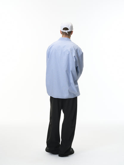 Blue Pleated Gingham Cotton Oversized Shirt Light Blue male full-body