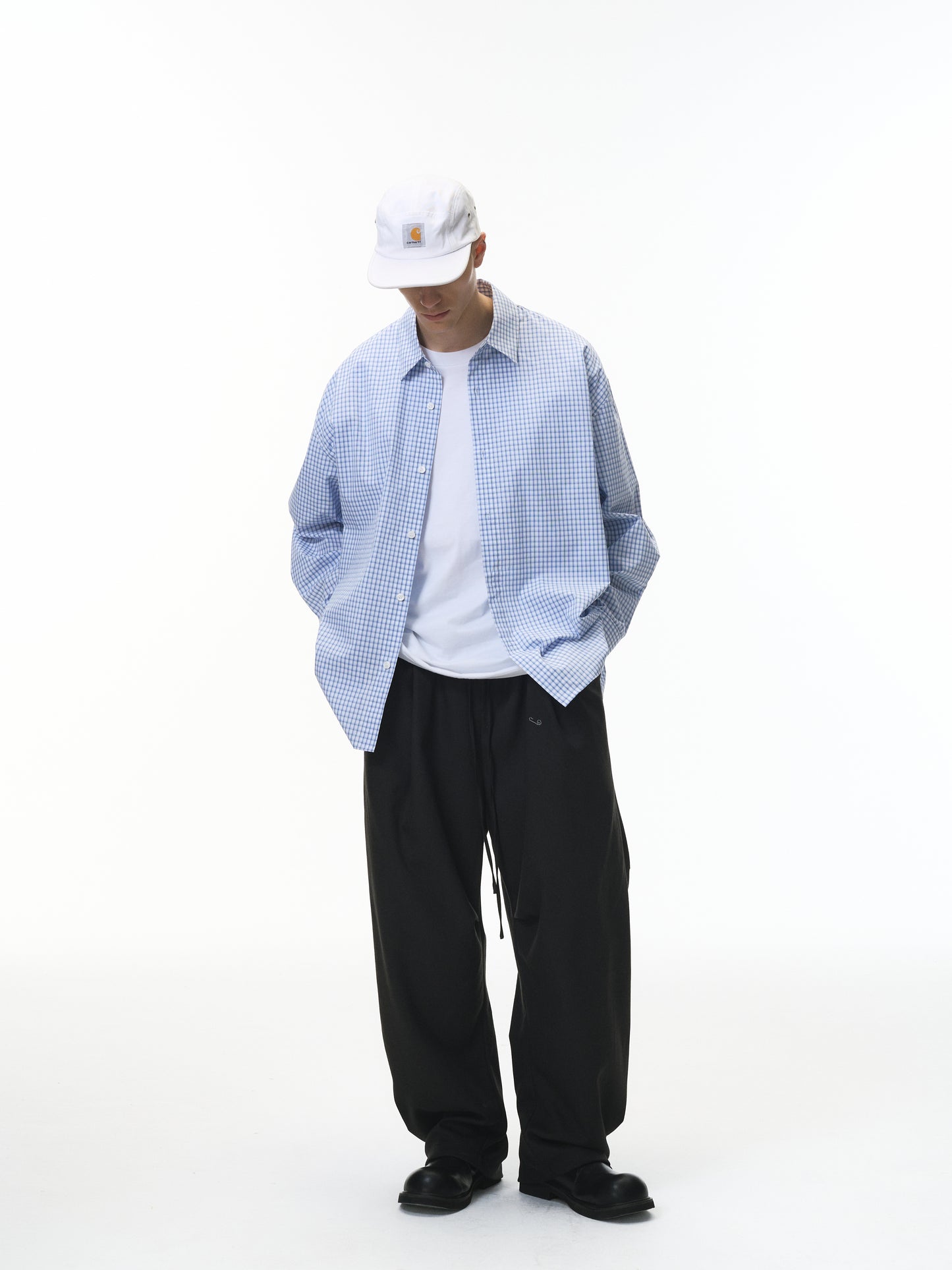 Blue Pleated Gingham Cotton Oversized Shirt Light Blue male full-body