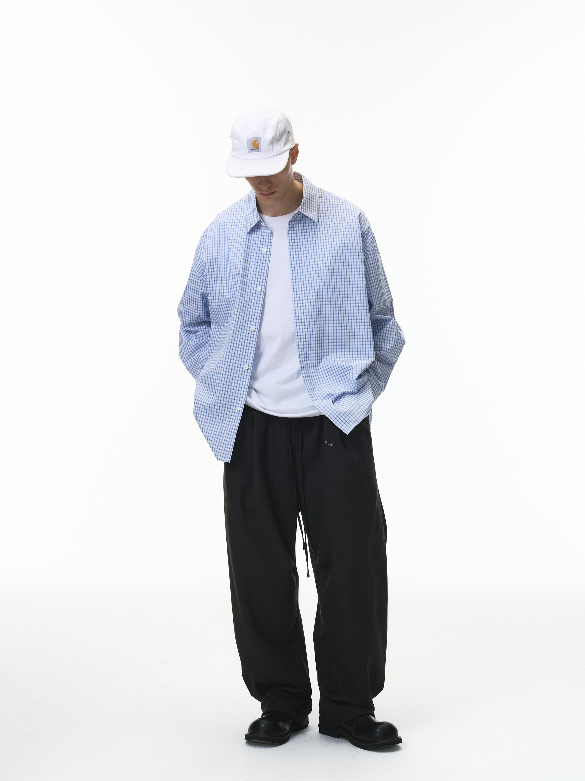 Blue Pleated Gingham Cotton Oversized Shirt Light Blue male full-body