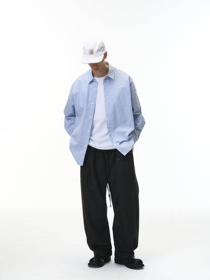 Blue Pleated Gingham Cotton Oversized Shirt Light Blue male full-body