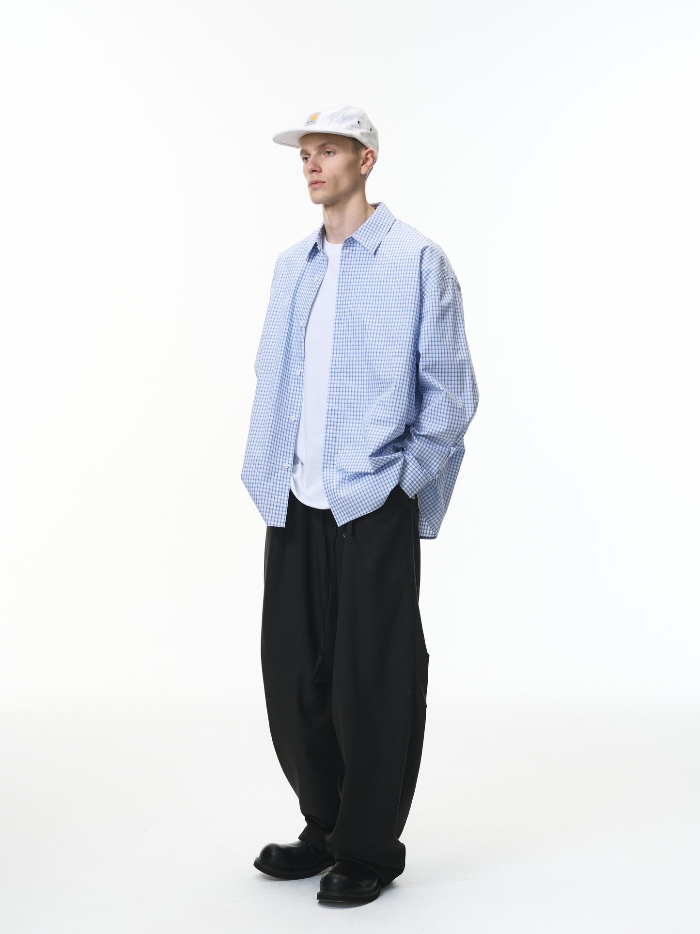 Blue Pleated Gingham Cotton Oversized Shirt Light Blue male full-body
