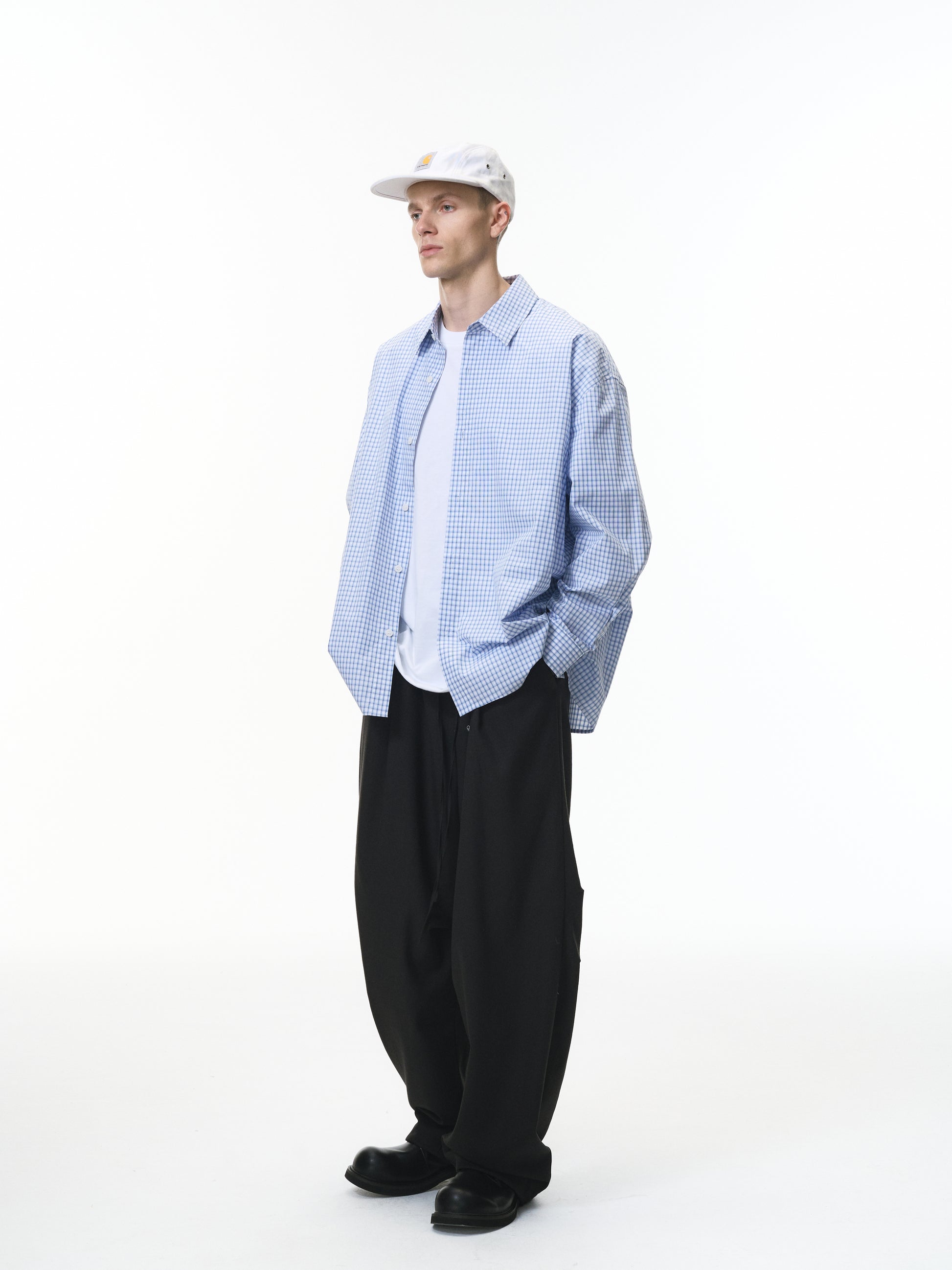 Blue Pleated Gingham Cotton Oversized Shirt Light Blue male full-body