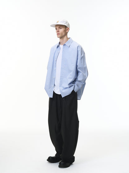 Blue Pleated Gingham Cotton Oversized Shirt Light Blue male full-body