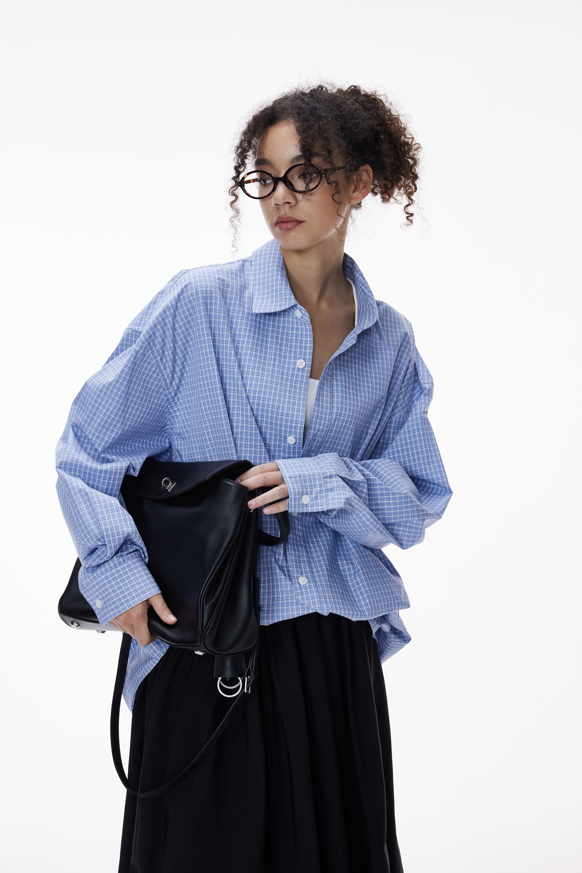Blue Pleated Gingham Cotton Oversized Shirt Slate Blue female half-body