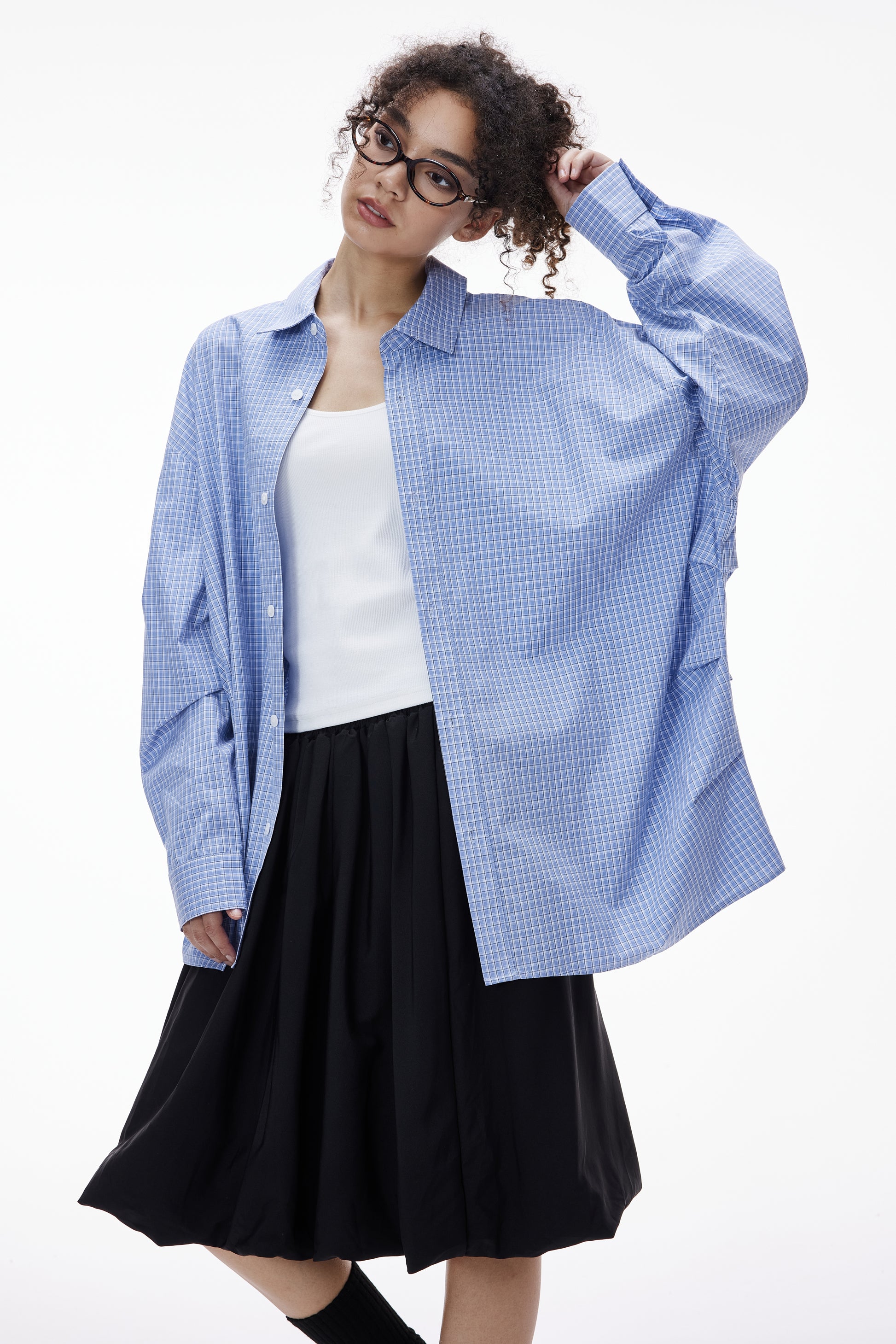 Blue Pleated Gingham Cotton Oversized Shirt Slate Blue female half-body
