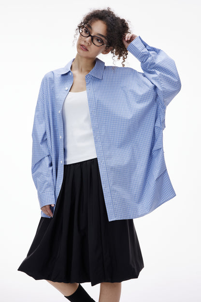 Blue Pleated Gingham Cotton Oversized Shirt Slate Blue female half-body