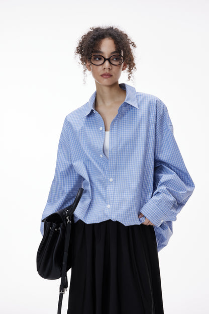 Blue Pleated Gingham Cotton Oversized Shirt Slate Blue female half-body