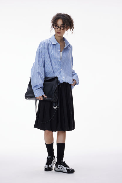 Blue Pleated Gingham Cotton Oversized Shirt Slate Blue female full-body