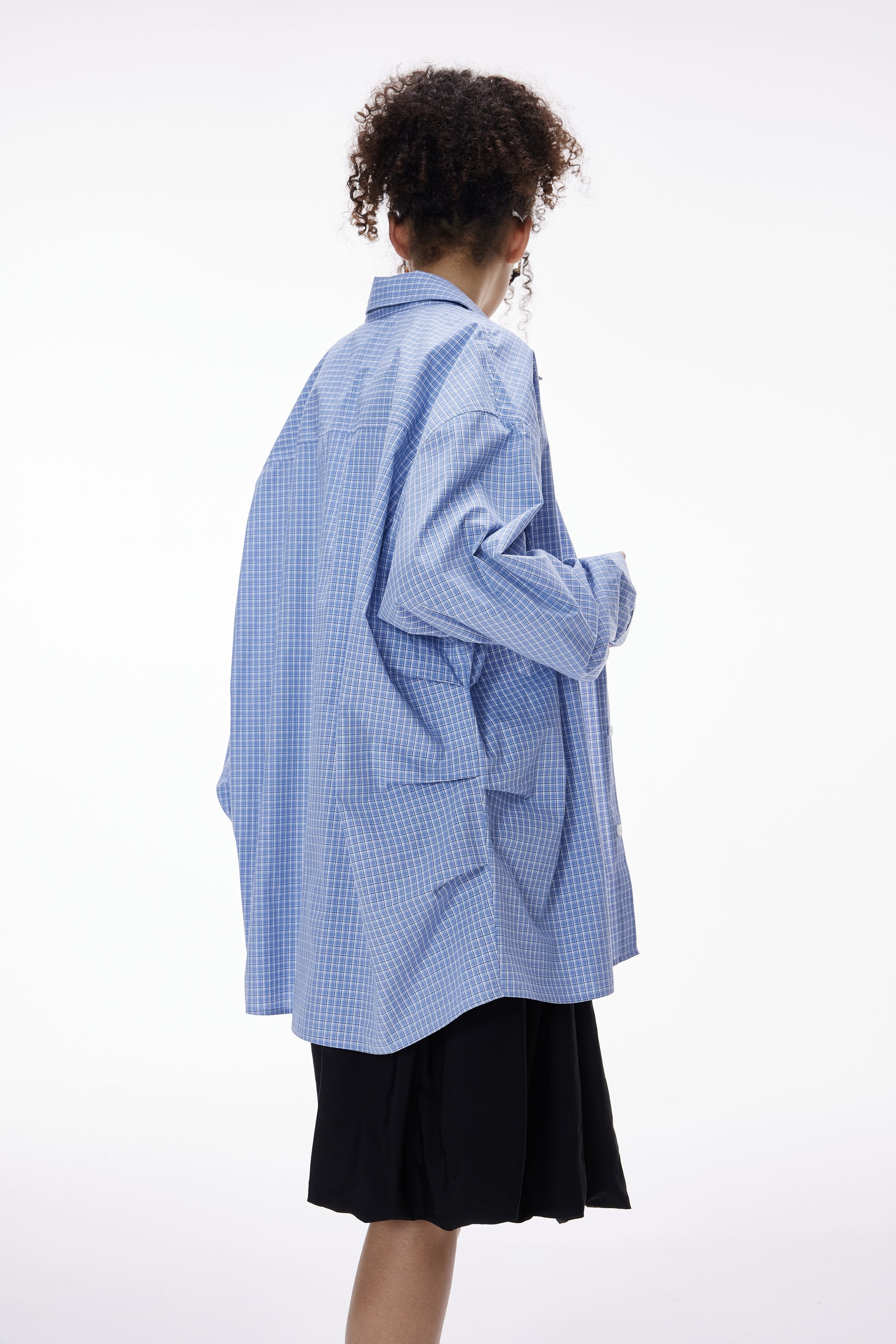 Blue Pleated Gingham Cotton Oversized Shirt Slate Blue female full-body