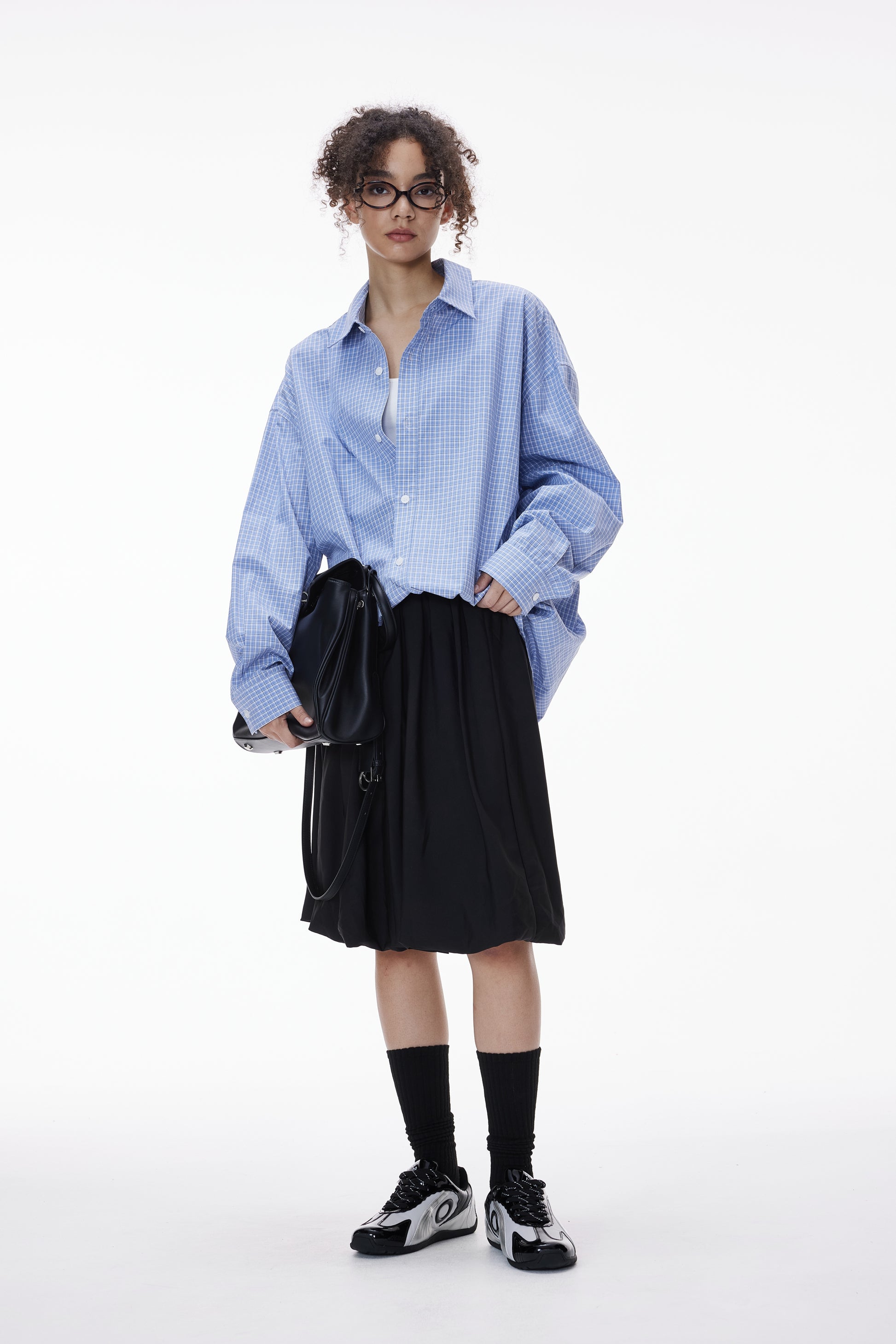 Blue Pleated Gingham Cotton Oversized Shirt Slate Blue female full-body