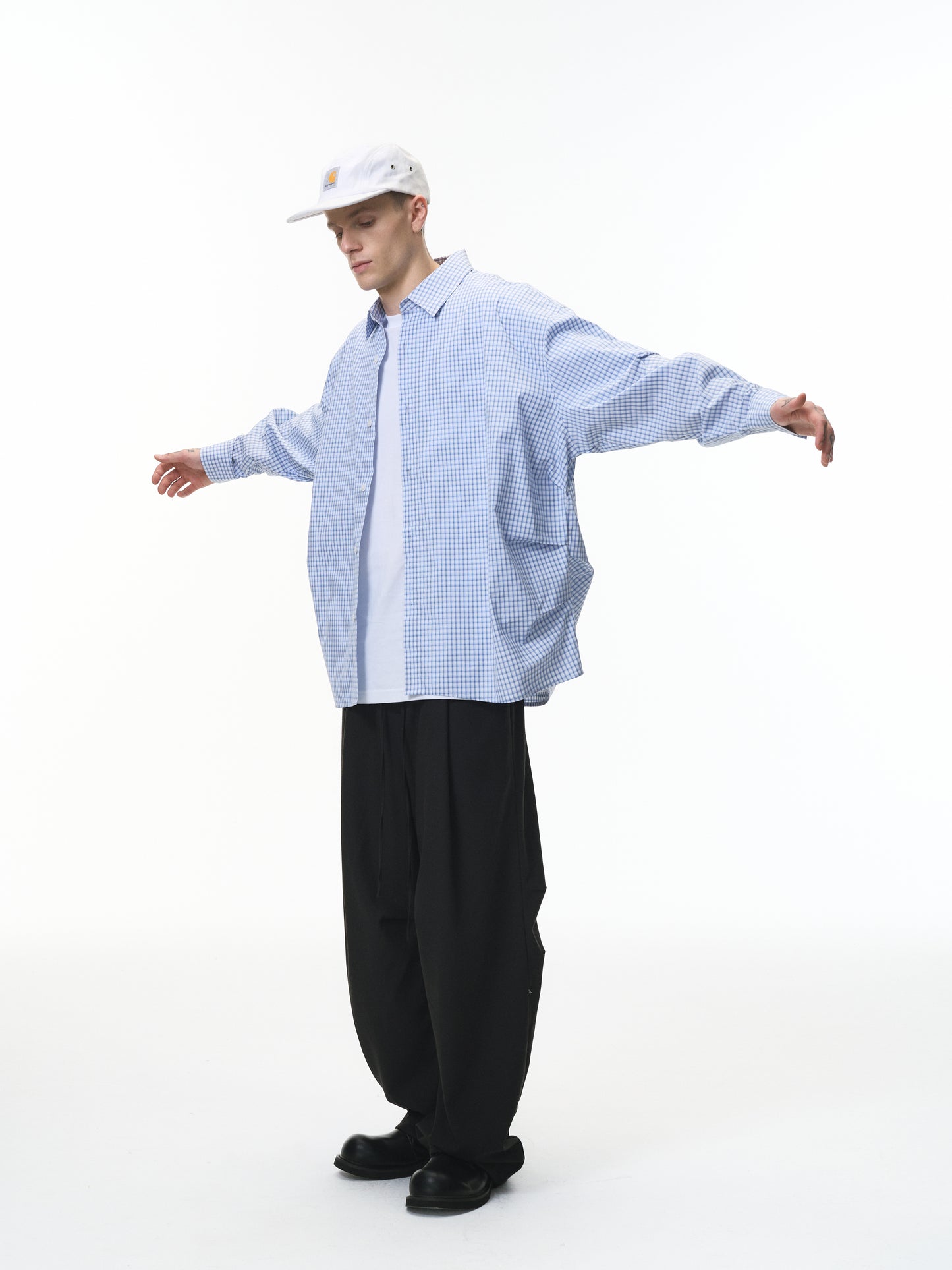 Blue Pleated Gingham Cotton Oversized Shirt Light Blue male full-body