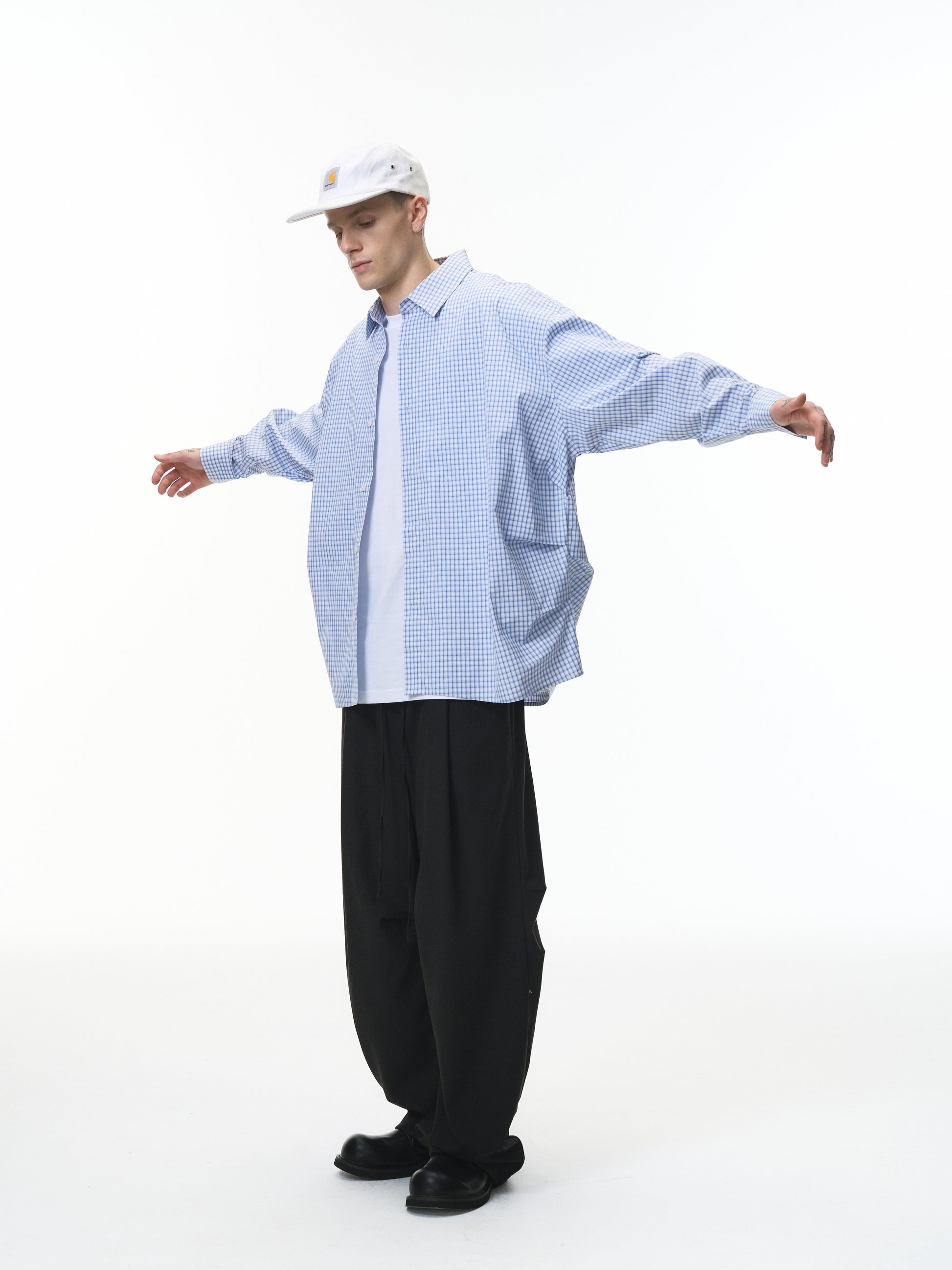 Blue Pleated Gingham Cotton Oversized Shirt Light Blue male full-body