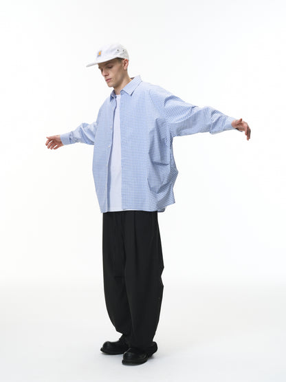Blue Pleated Gingham Cotton Oversized Shirt Light Blue male full-body