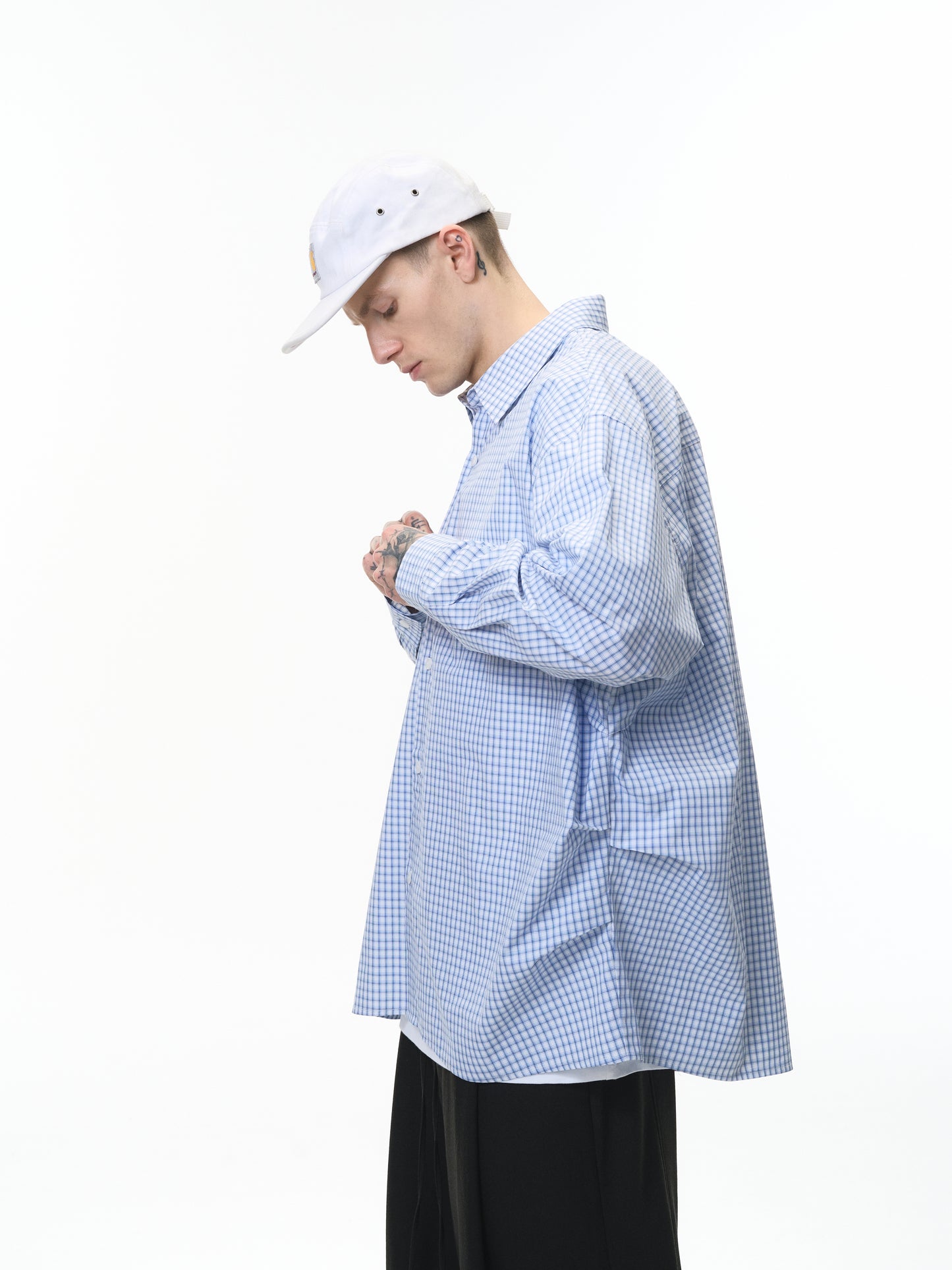 Blue Pleated Gingham Cotton Oversized Shirt Light Blue male half-body