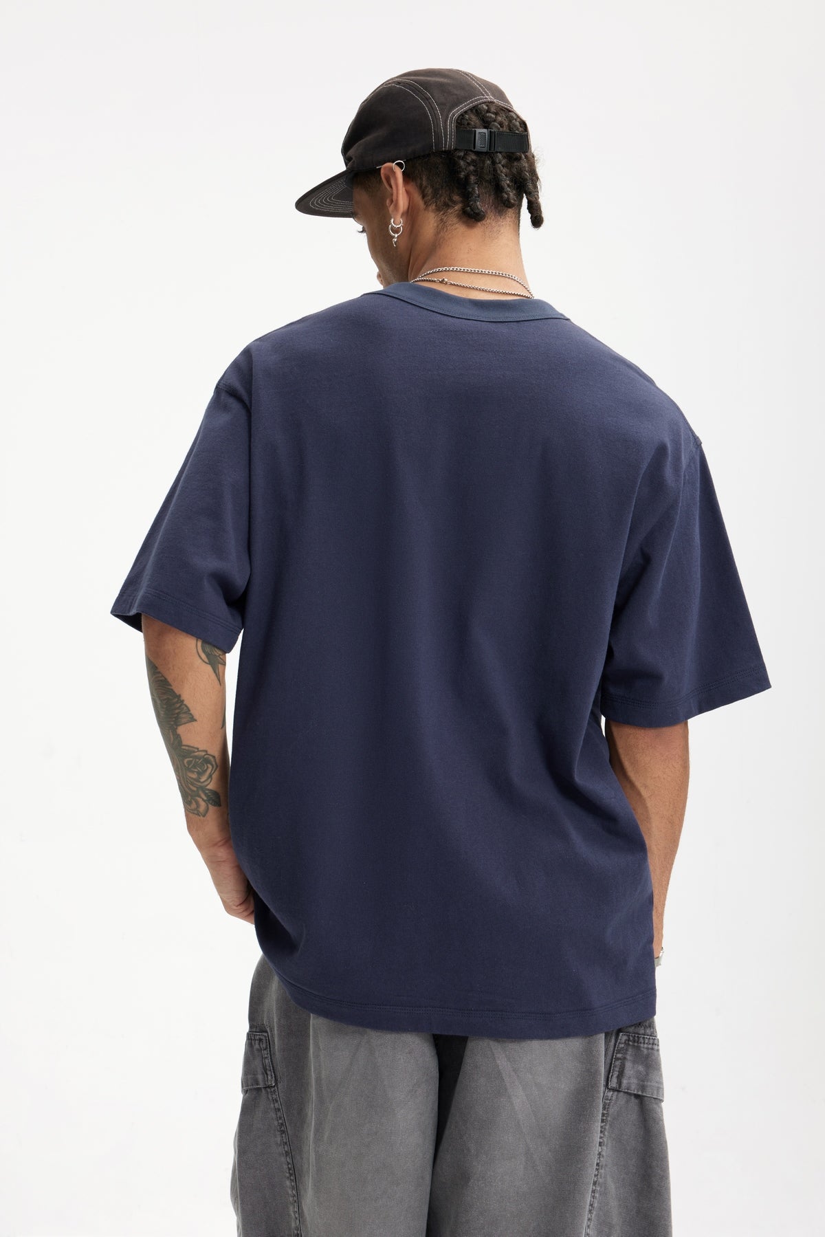 Linen Cotton Oversized Tee with Rivet Pocket-OLA FAN-dark blue-back-view