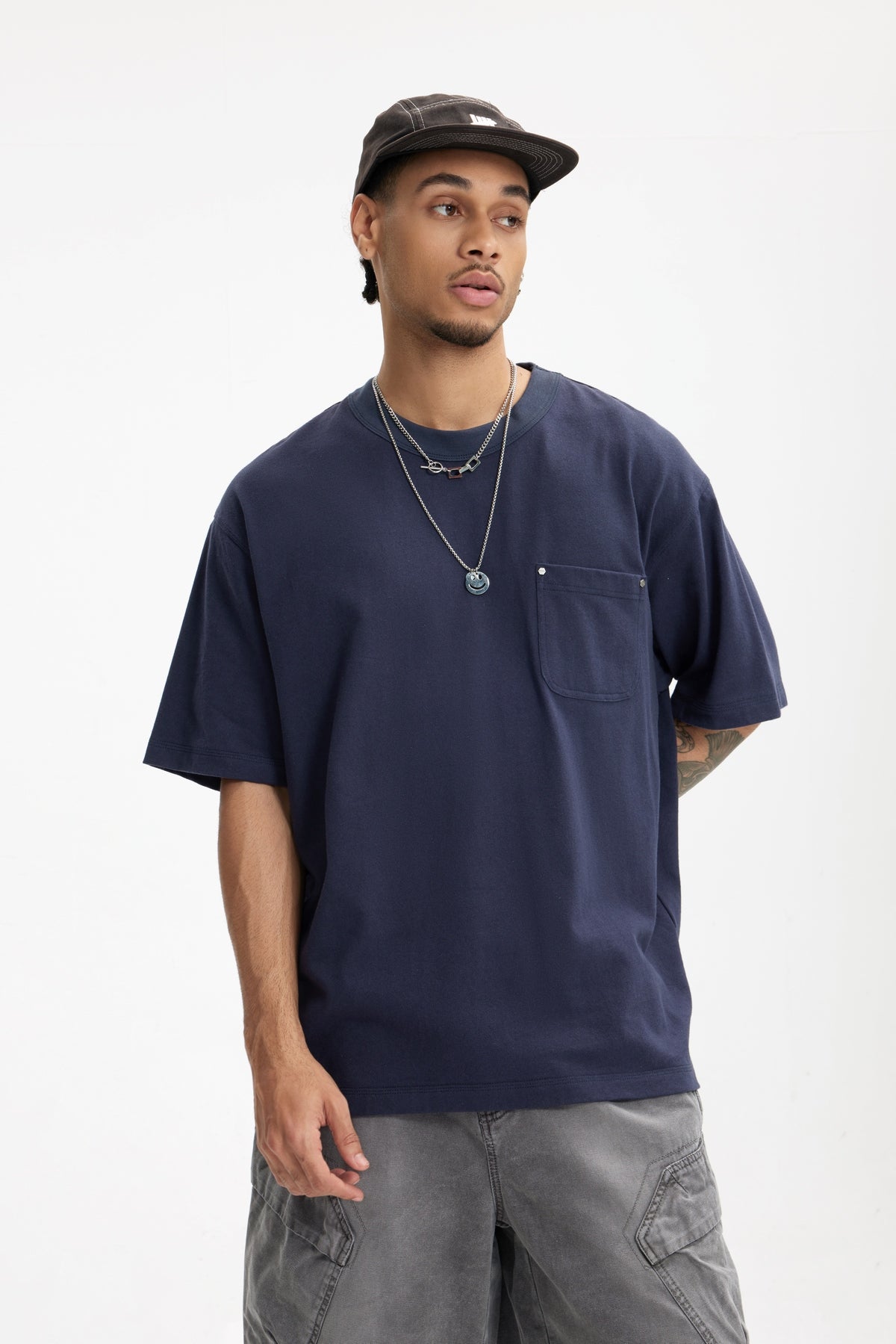 Linen Cotton Oversized Tee with Rivet Pocket-OLA FAN-dark blue-front-view-2
