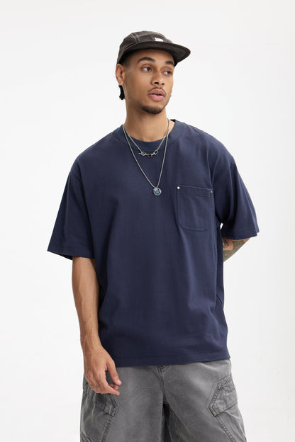 Linen Cotton Oversized Tee with Rivet Pocket-OLA FAN-dark blue-front-view-2