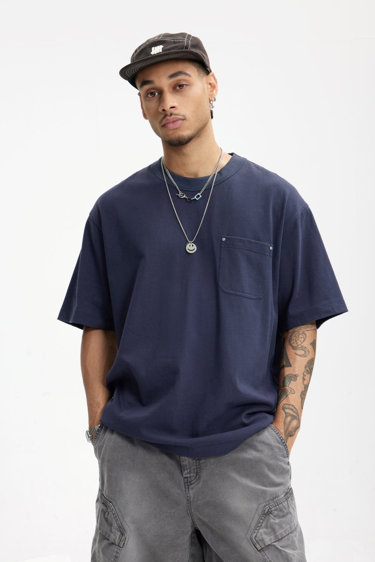 Linen Cotton Oversized Tee with Rivet Pocket-OLA FAN-dark blue-front-view