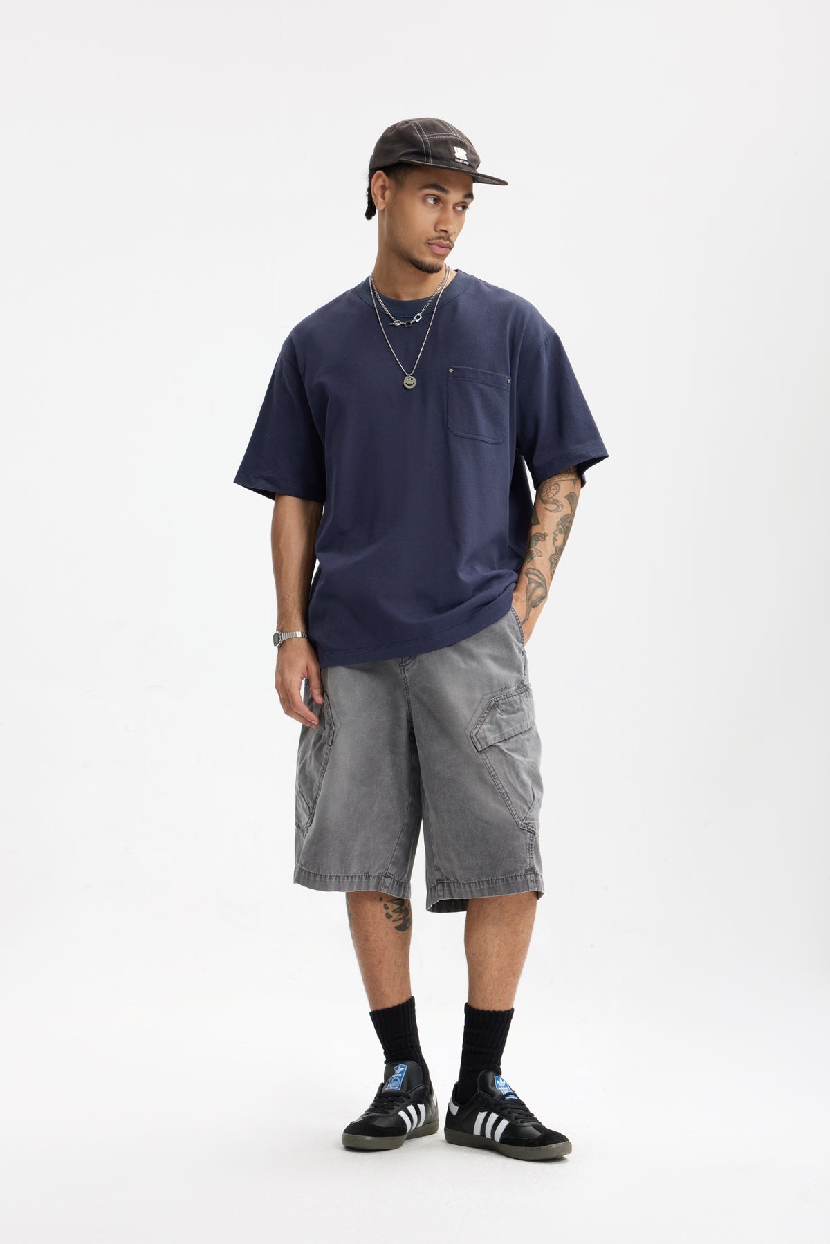Linen Cotton Oversized Tee with Rivet Pocket-OLA FAN-dark blue-full-view