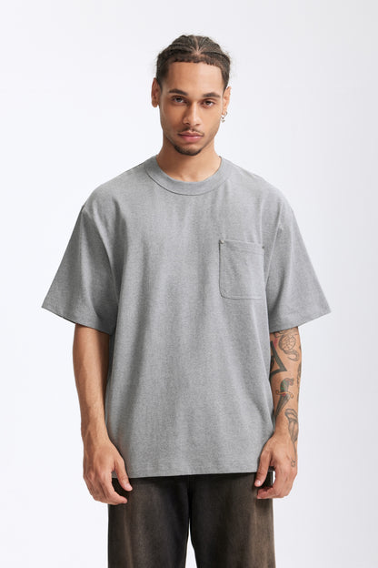 Linen Cotton Oversized Tee with Rivet Pocket-OLA FAN-gray-front-view