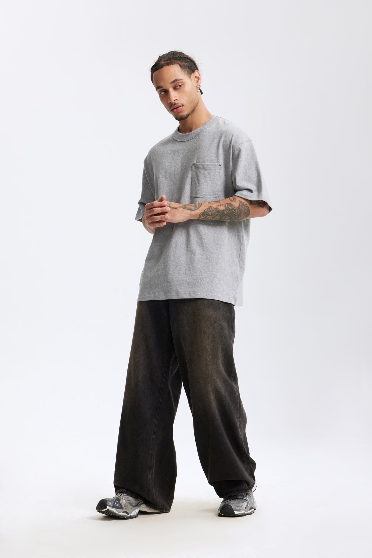 Linen Cotton Oversized Tee with Rivet Pocket-OLA FAN-gray-full-view