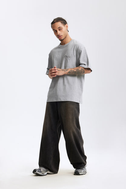 Linen Cotton Oversized Tee with Rivet Pocket-OLA FAN-gray-full-view