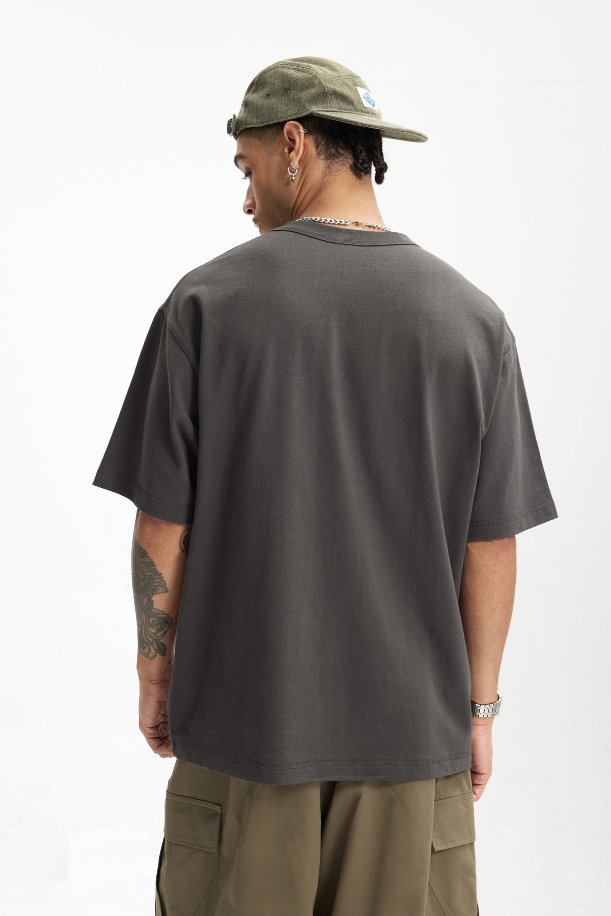 Linen Cotton Oversized Tee with Rivet Pocket-OLA FAN-greyish-brown-back-view